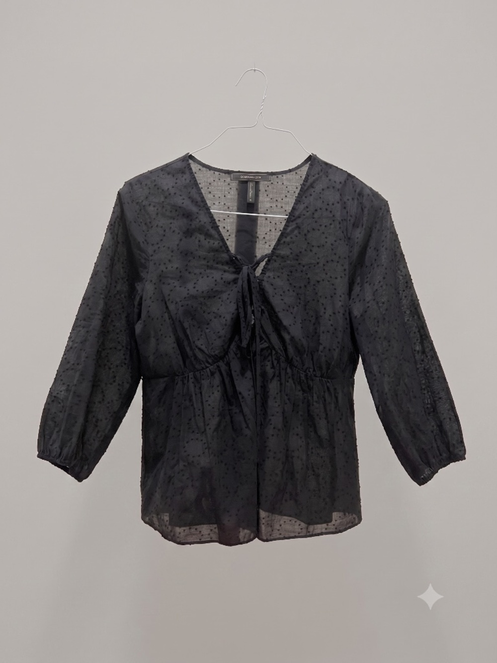 BCBGMAXAZRIA Black Swiss Dot V-Neck Tie Front Peplum Blouse M